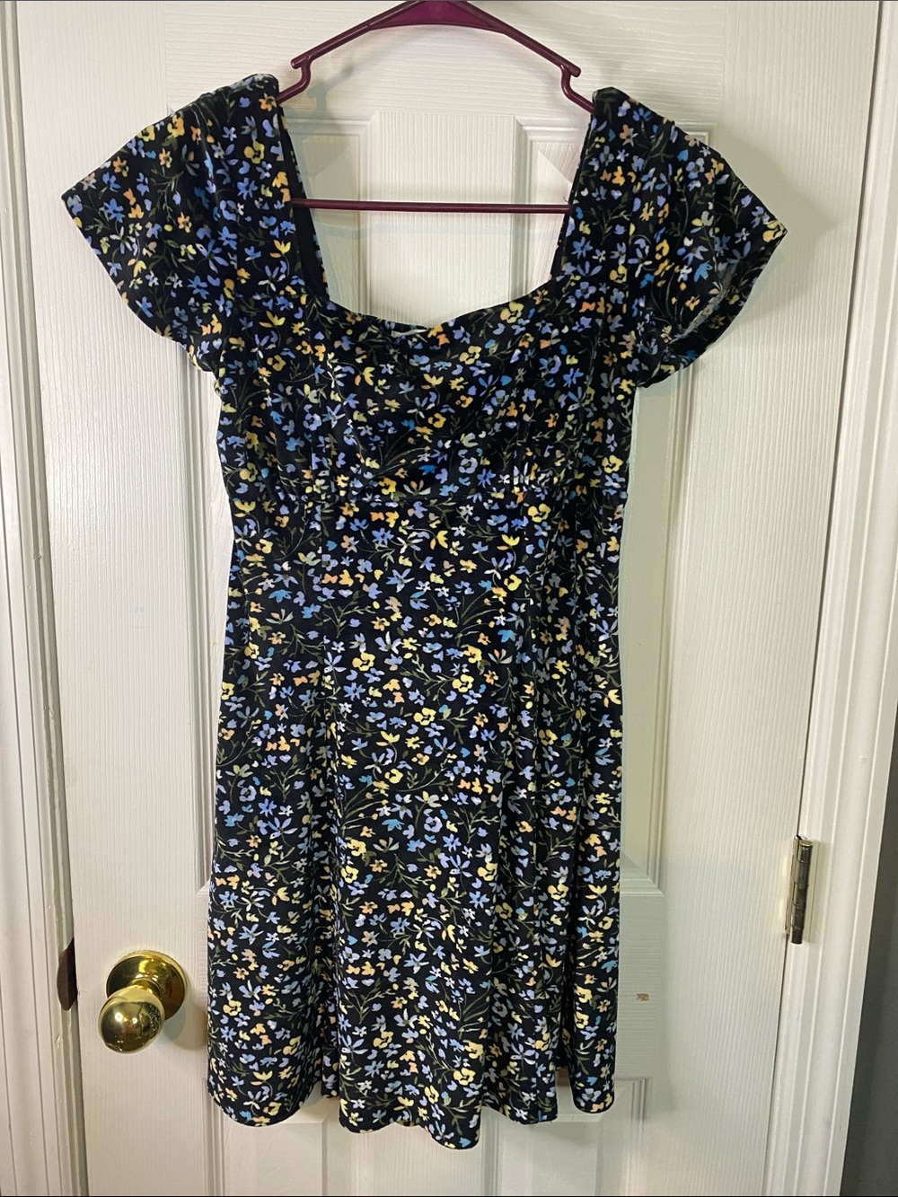 Planet Gold Black Off-Shoulder A-Line Dress with Blue & Yellow Floral Size Small
